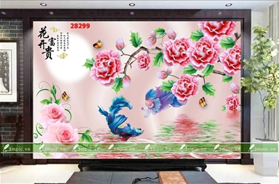 Tranh dán tường 3D phòng khách; Tranh Cá 3D; Tranh dán tường sơn thủy 3D; Tranh dán tường 3D; tranh dán tường 3d đẹp; Bán file tranh cung cấp file tranh; 3mpic.vn