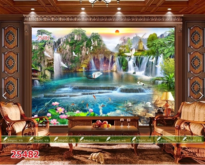 tranh dán tường 3D phòng khách; tranh dán tường sơn thủy 3D; tranh dán tường 3D; tranh dán tường 3D đẹp; 3mpic.vn